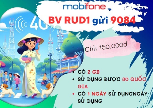 Đăng ký gói cước RUD1 Mobifone ưu đãi 2GB data CVQT dùng 24 giờ chỉ 150.000đ